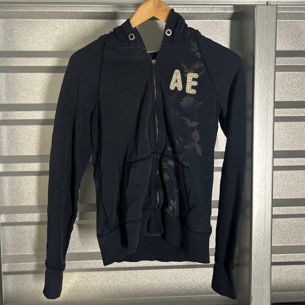 American Eagle Zip Up Hoodie Womens M Blue Floral Fleece Y2K Indie Grunge